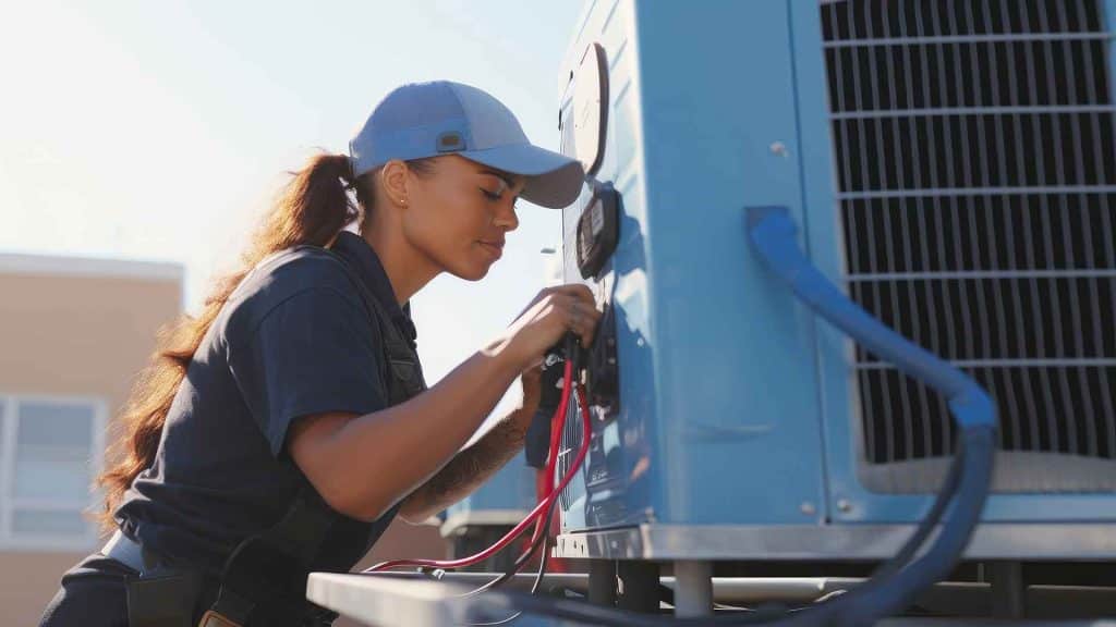 woman hvac tech works on industrial system on building rooftop