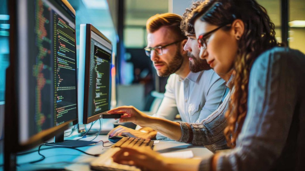 three students taking intense it bootcamp together