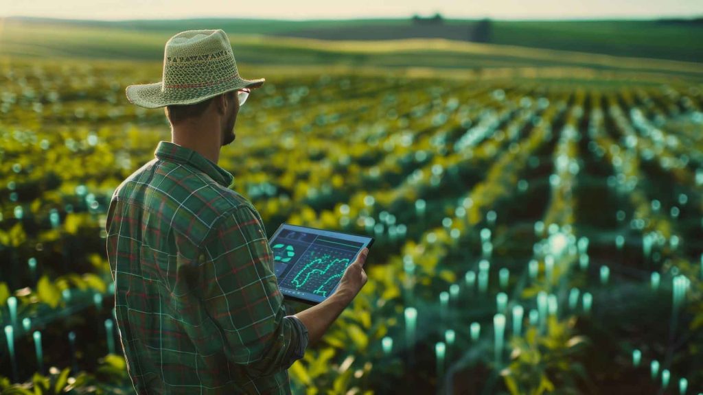 crop advisor looks over farmers field and maps coordinates of the crop